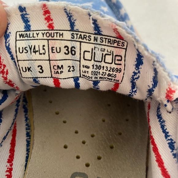 Hey Dude Red, White and Blue shoes in size Y4-L5 - Picture 5 of 6